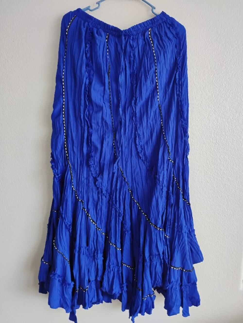 Royal Blue Crinkled Long Cotton Skirt With Curved Stripes -